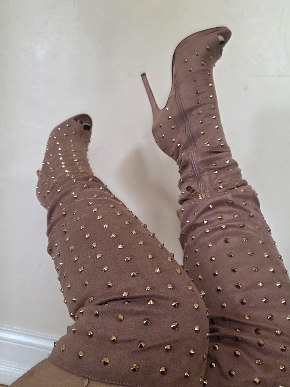 Studded Brown Suede High-Heel Knee Boots